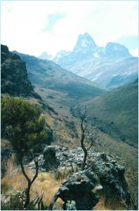 Drawing away from the peaks of Mt. Kenya on the descent.  Photograph by Peter Doran, (c) 1999
